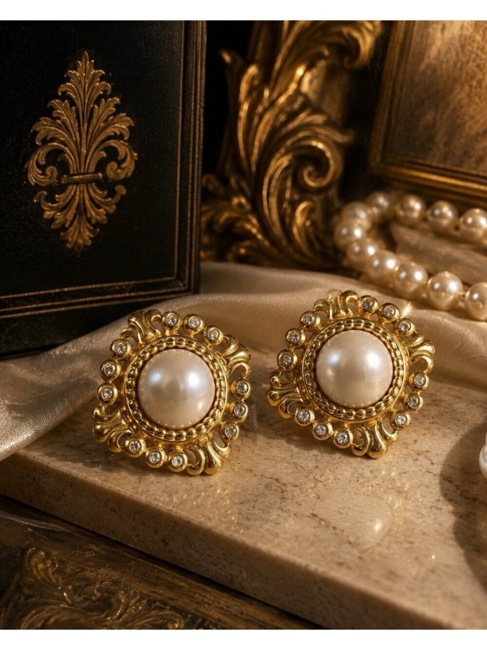Vintage 1980s Earrings Gold Tone Filigree Faux Pearl Cabochon Rhinestone Regency